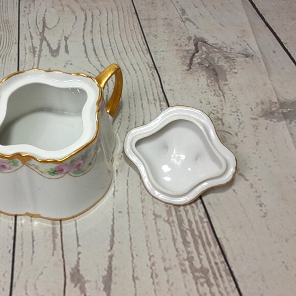 Porcelain Sugar Bowl KPM Germany Floral Pink Roses Gold Trim Double Handles - Picture 7 of 13